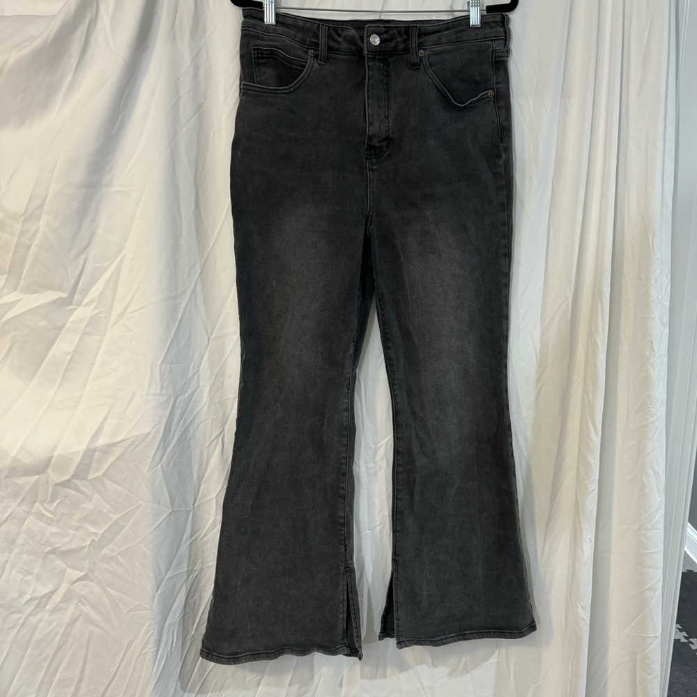 High waisted wide leg black jeans with slits